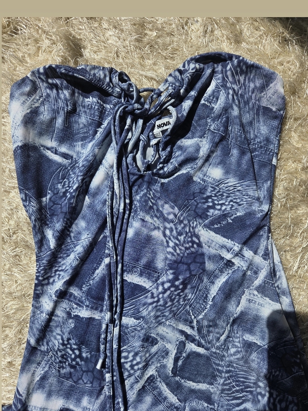 Blue Denim Printed Strapless Maxi Dress XS